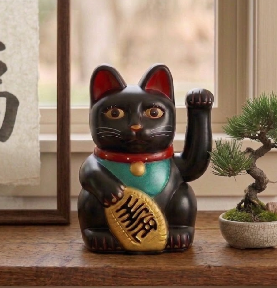 Lucky Black Cat Maneki-Neko Statue